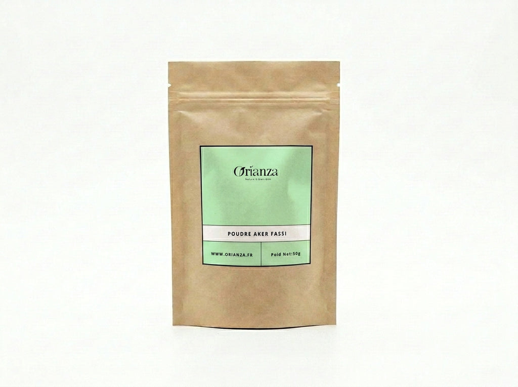 Sachet d'apothicaire en kraft de Poudre d'Aker Fassi Micronisée Orianza Selection, coquelicot pur pour maquillage.