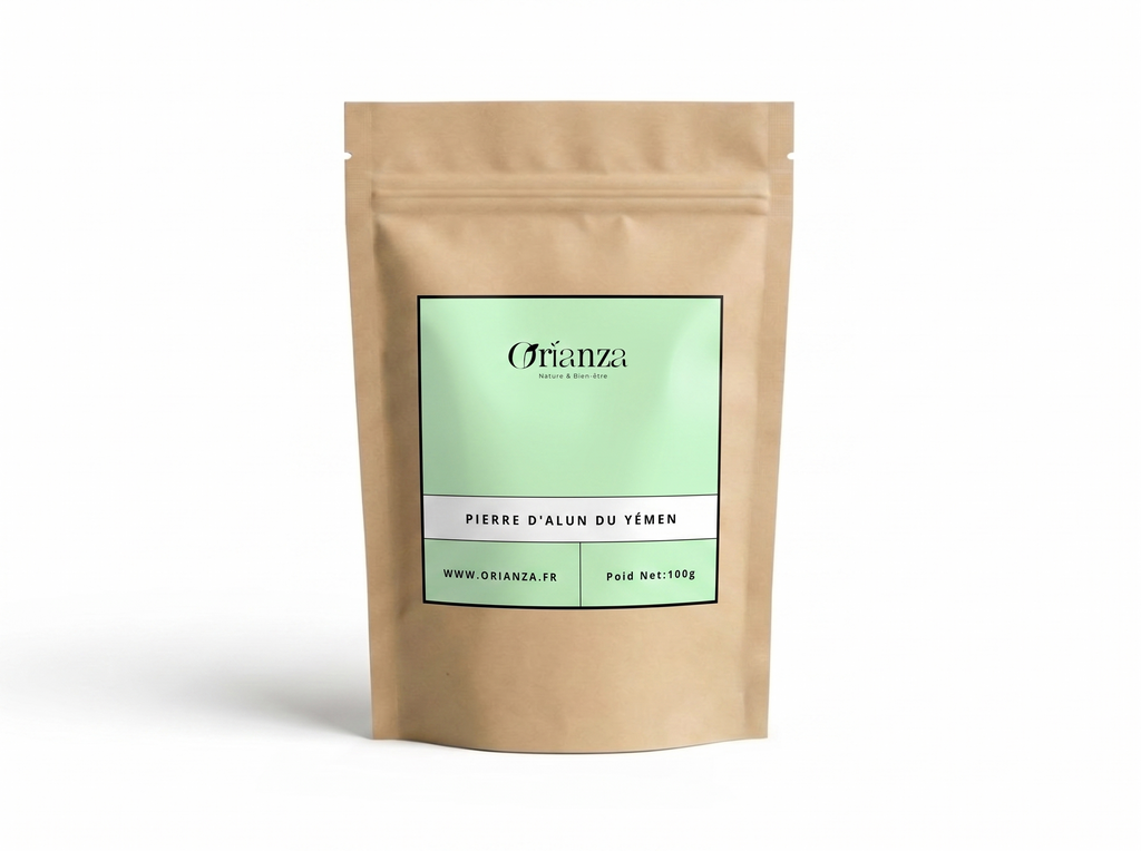 Sachet kraft de Pierre d'Alun Naturelle de la marque Orianza, emballage étanche de qualité herboristerie protégeant le cristal.