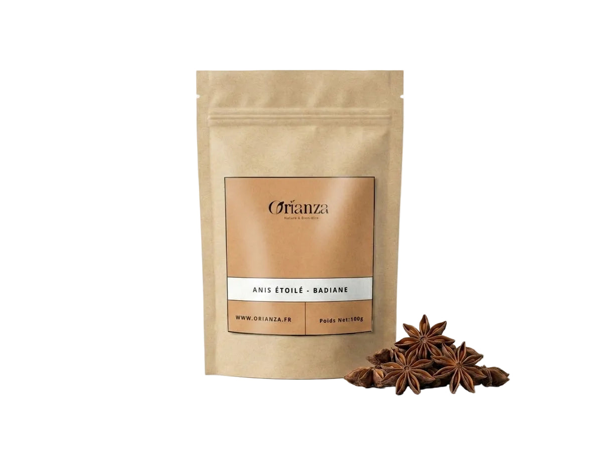 Sachet d'apothicaire en kraft de Graines d'Anis Étoilé Pures Orianza Selection, badiane concentrée pour digestion difficile.