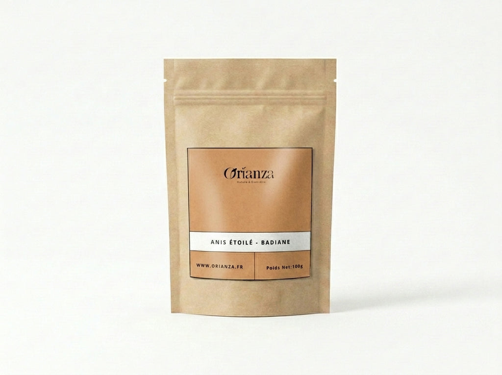 Sachet d'apothicaire en kraft de Graines d'Anis Étoilé Pures Orianza Selection, badiane concentrée pour digestion difficile.