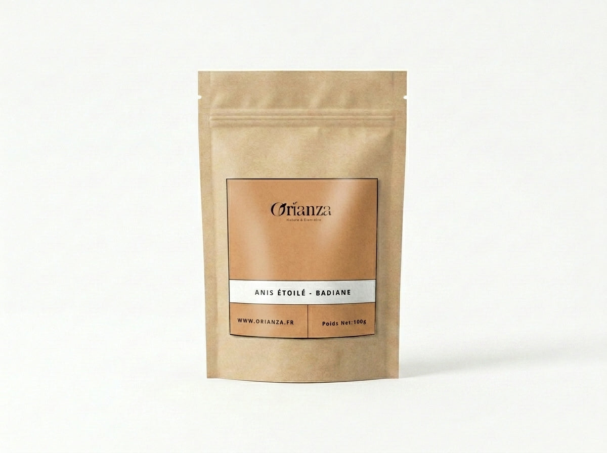 Sachet d'apothicaire en kraft de Graines d'Anis Étoilé Pures Orianza Selection, badiane concentrée pour digestion difficile.