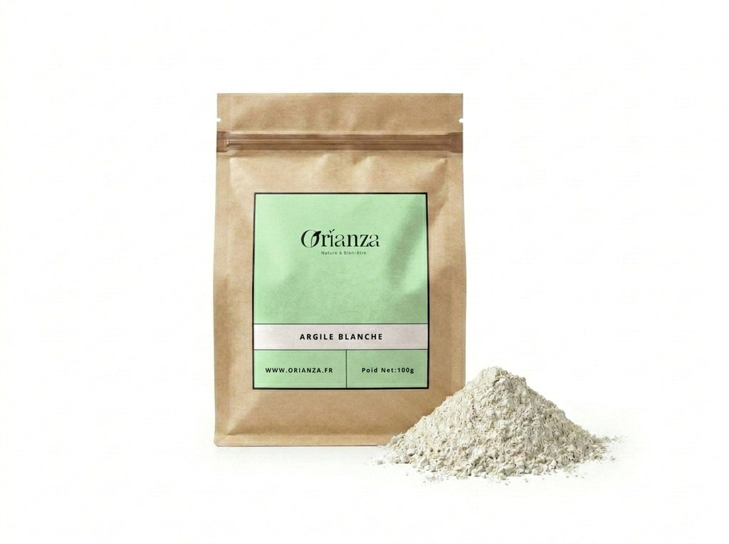 Sachet d'apothicaire en kraft d'Argile Blanche Pure Orianza Selection, Kaolin en poudre pour peaux sensibles.