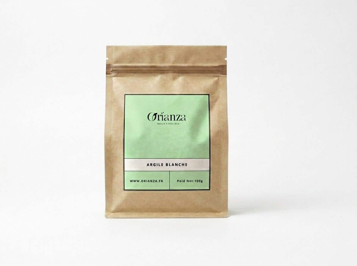 Sachet d'apothicaire en kraft d'Argile Blanche Pure Orianza Selection, Kaolin en poudre pour peaux sensibles.