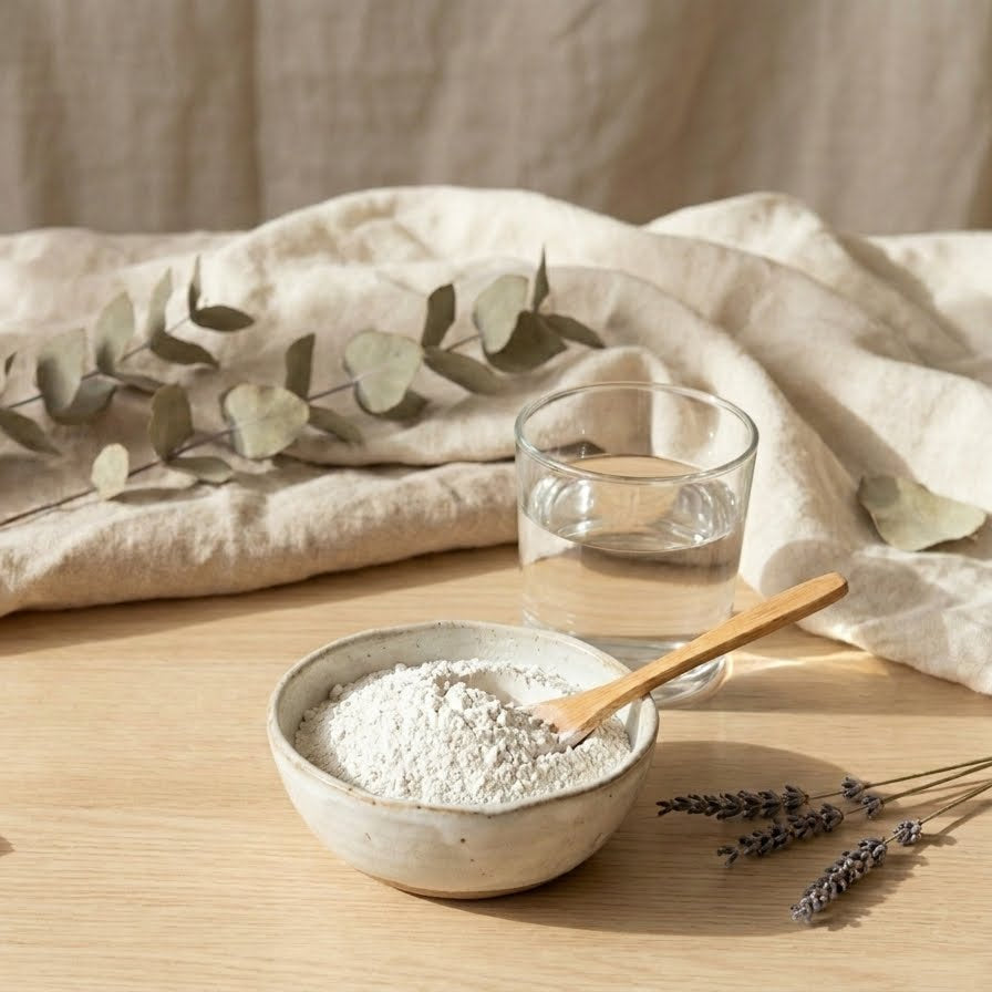 Préparation d'un masque visage adoucissant au Kaolin blanc et eau de rose d'Orianza dans un bol en bois.
