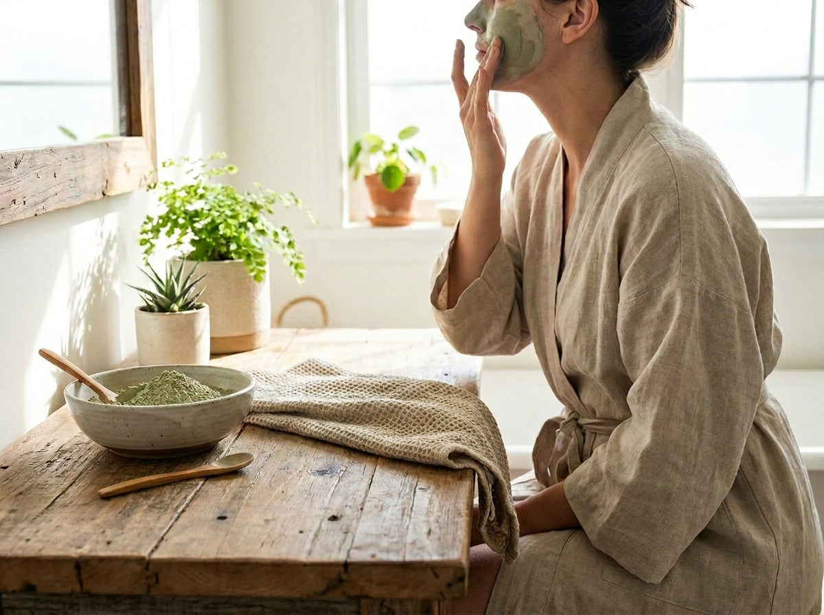 Préparation d'un masque visage naturel à l'argile verte et eau de rose pour resserrer les pores et l'acné.
