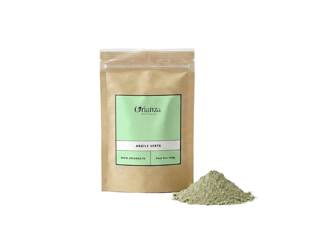 Sachet d'apothicaire en kraft d'Argile Verte Illite Pure Orianza Selection, poudre détox pour peaux grasses.