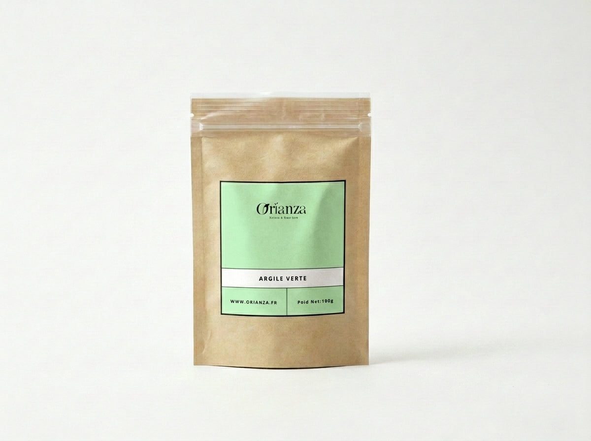 Sachet d'apothicaire en kraft d'Argile Verte Illite Pure Orianza Selection, poudre détox pour peaux grasses.