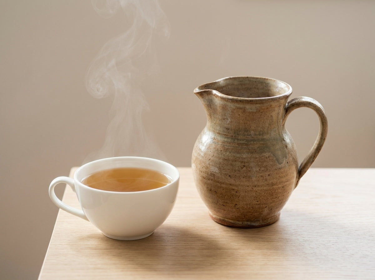 Préparation traditionnelle de la tisane de Chih Orianza présentée à côté d'un authentique pichet à thé en terre cuite et sa tasse assortie.