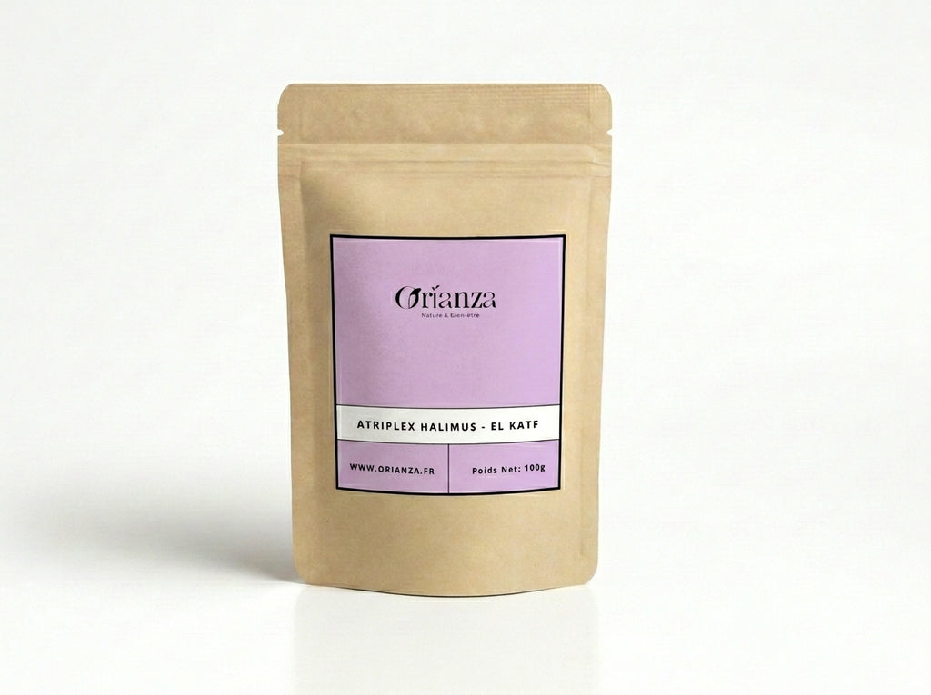 Sachet kraft de feuilles d'Atriplex Halimus (El Katf) de la marque Orianza, emballage hermétique protecteur.