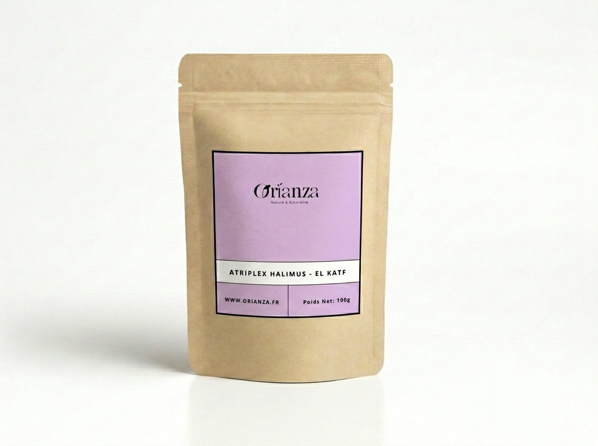 Sachet kraft de feuilles d'Atriplex Halimus (El Katf) de la marque Orianza, emballage hermétique protecteur.