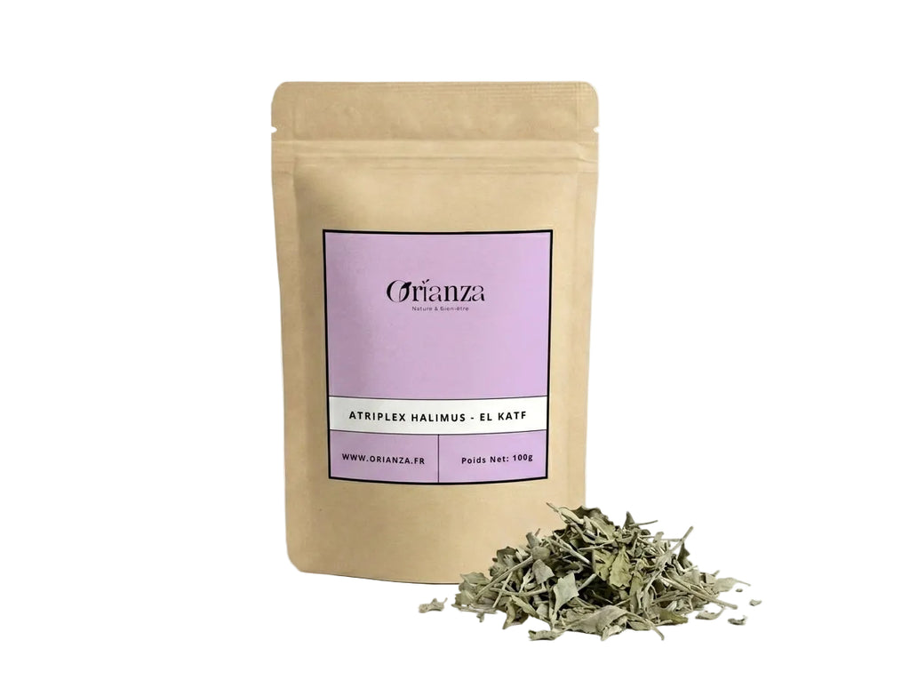 Sachet d'apothicaire en kraft d'Atriplex Halimus Orianza Selection, El Katf pur avec quelques feuilles séchées à côté.