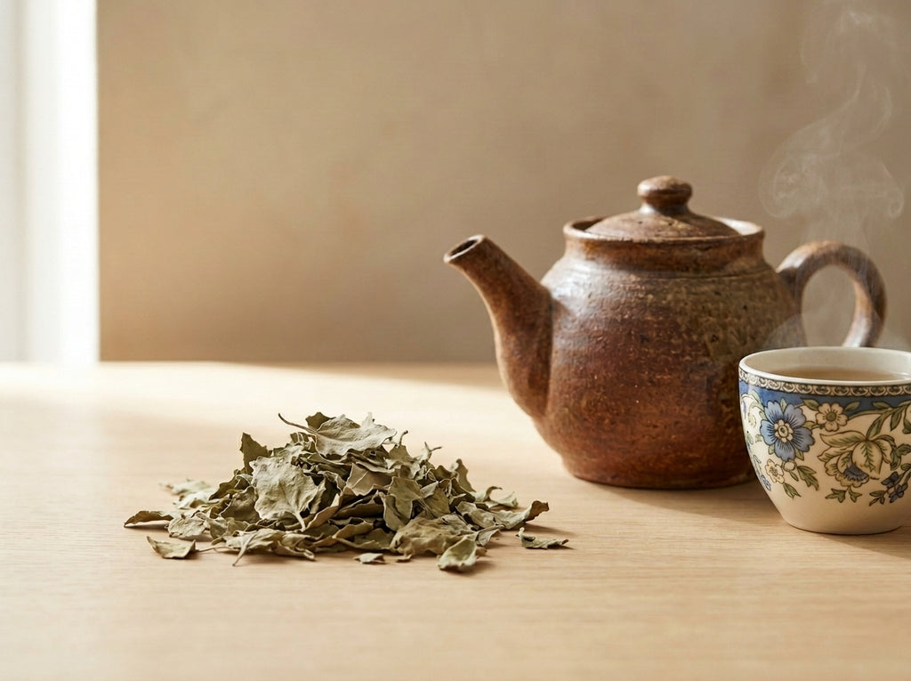 Infusion bien-être d'Atriplex Halimus d'Orianza dans un magnifique verre à côté d'un authentique (théière traditionnelle) et d'un sachet de la plante.