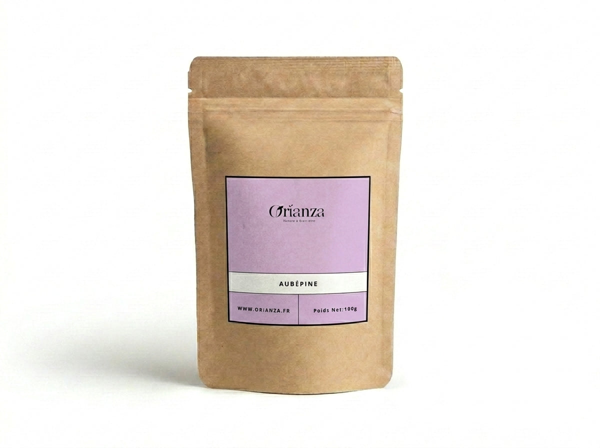 Sachet d'apothicaire en kraft de Aubépine Sommités Fleuries Orianza Selection, tisane pure stress et sommeil.
