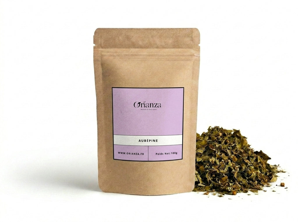 Sachet d'apothicaire en kraft de Aubépine Sommités Fleuries Orianza Selection, tisane pure stress et sommeil.