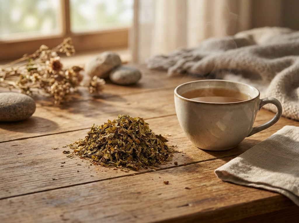 Moment de lâcher-prise en fin de journée avec une tasse fumante de tisane d'aubépine d'Orianza pour le sommeil.