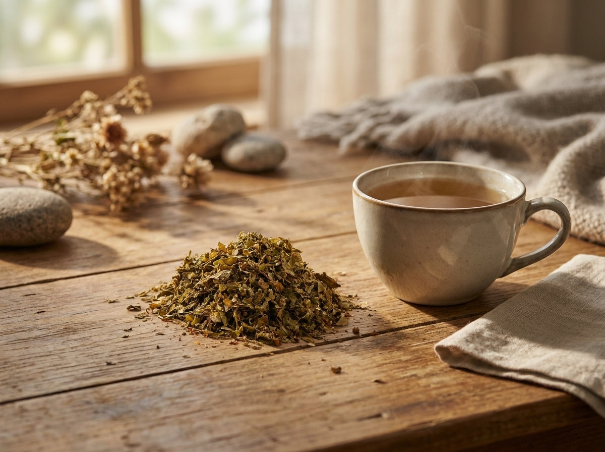 Moment de lâcher-prise en fin de journée avec une tasse fumante de tisane d'aubépine d'Orianza pour le sommeil.
