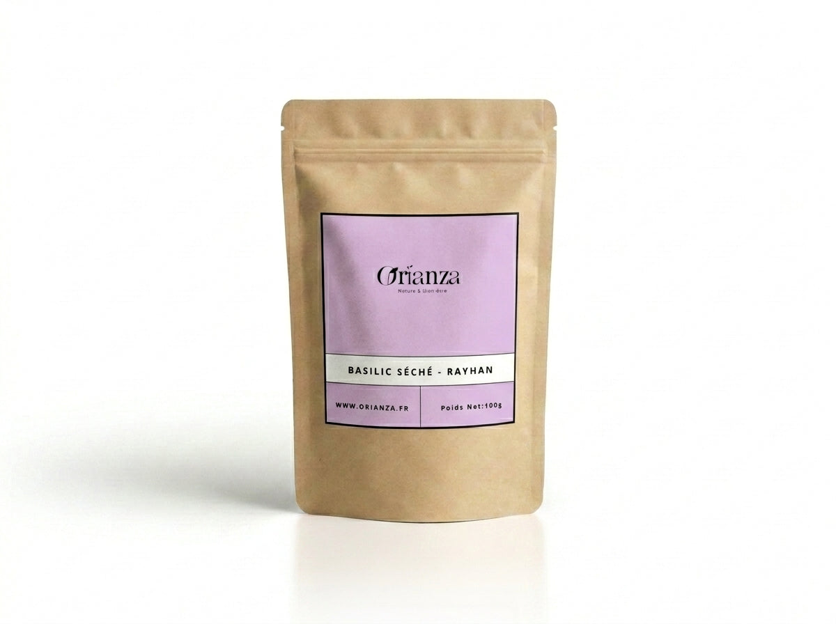 Sachet kraft de Feuilles de Basilic Séché (Rayhan) de la marque Orianza, emballage hermétique protégeant les actifs de la plante.
