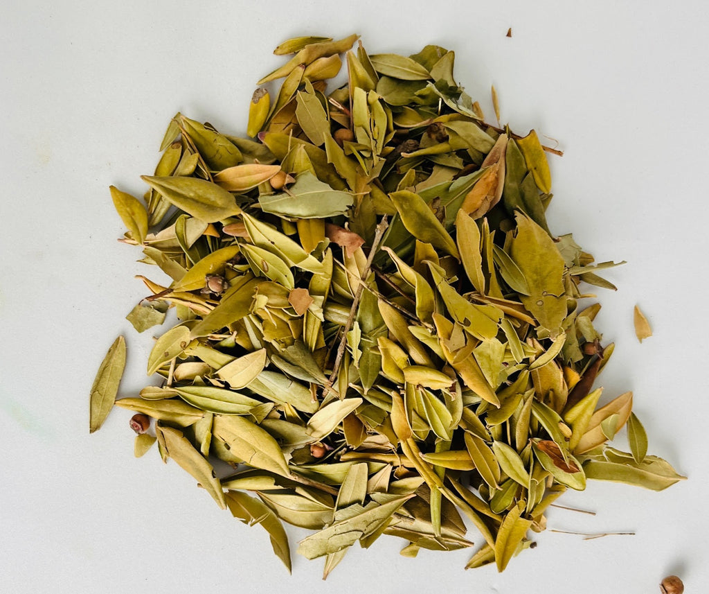Gros plan macro détaillé sur les feuilles entières et la qualité herboristerie supérieure du Basilic séché naturellement par Orianza.