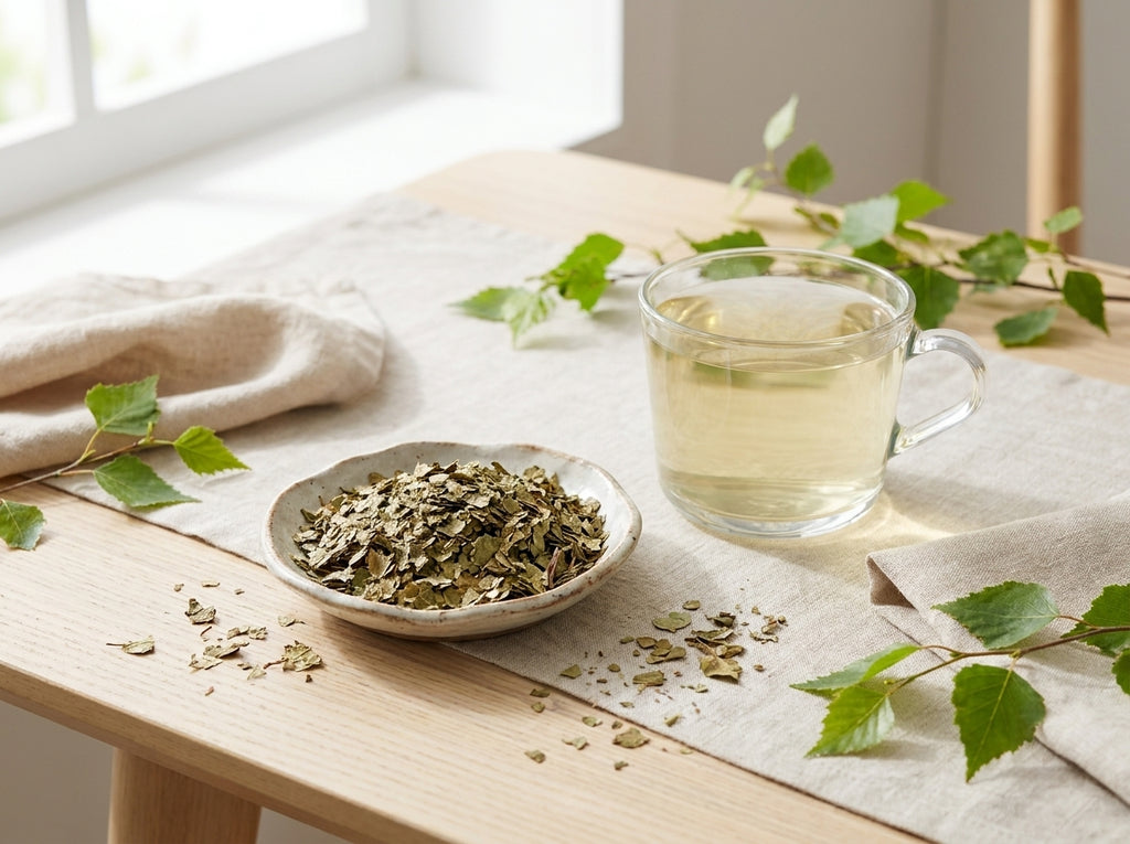 Silhouette affinée et jambes légères près d'une tasse de tisane de bouleau d'Orianza contre la cellulite.