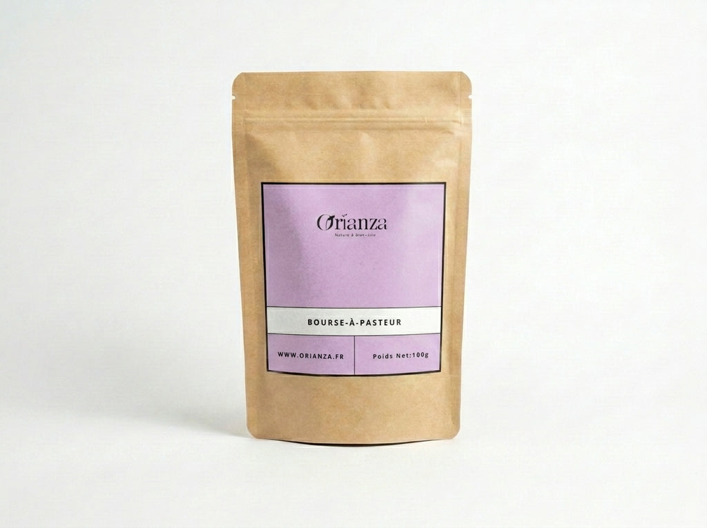Sachet d'apothicaire en kraft de Bourse à Pasteur Orianza Selection, herbes pures pour le confort féminin.