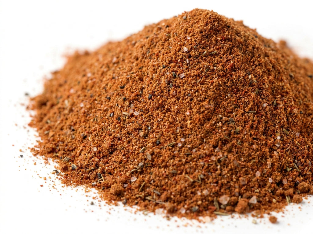 Gros plan sur les ingrédients du cocktail cajun avec éclats de paprika, d'ail, d'oignon et herbes fines.