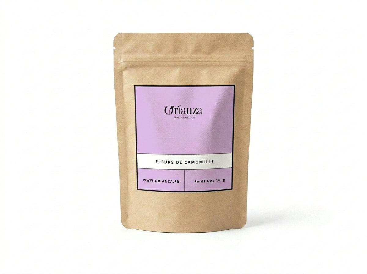 Sachet d'apothicaire en kraft de Fleurs de Camomille Matricaire Pure Orianza Selection, infusion sommeil.