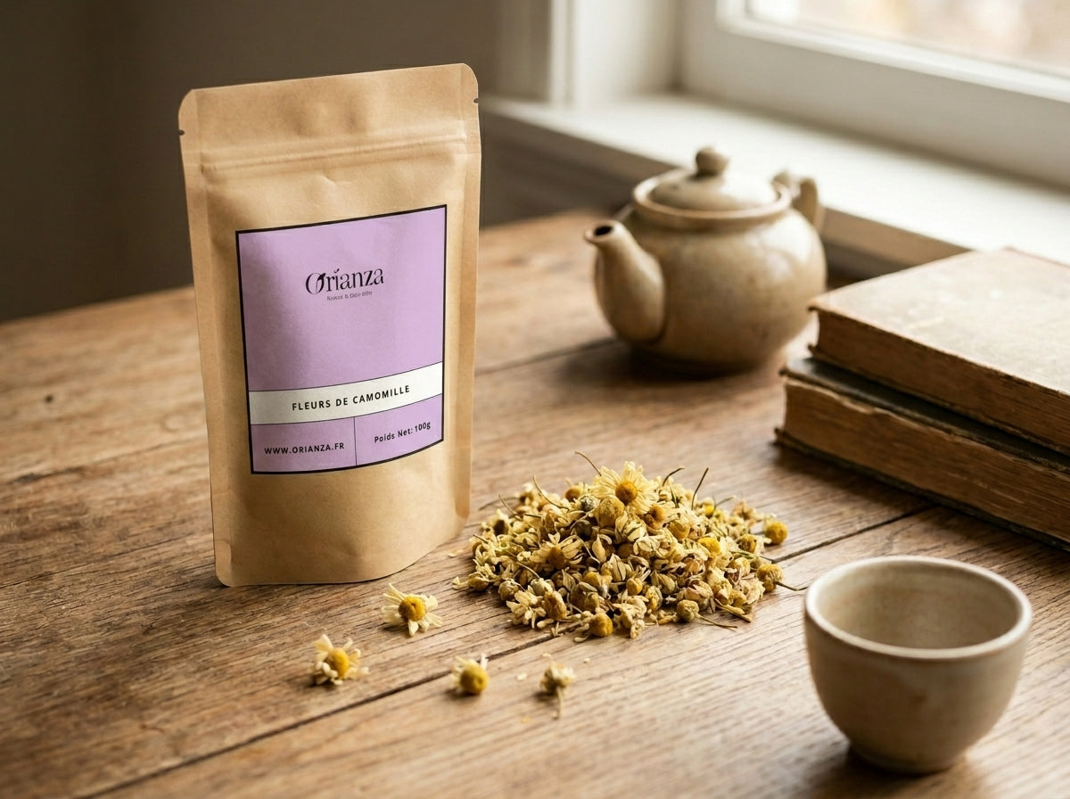 Préparation d'une tisane apaisante de fleurs de camomille entière sous couvercle pour la relaxation.