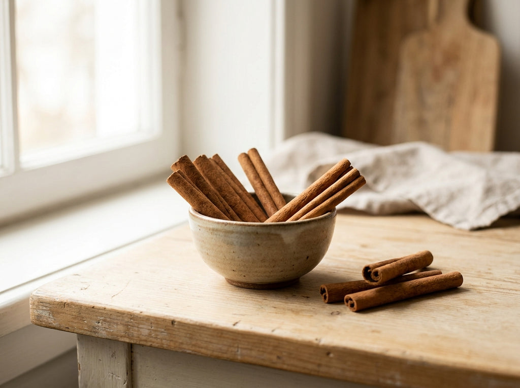 Bâtons de cannelle de Ceylan pure Orianza dans un bol dans une cuisine ambiance lifestyle