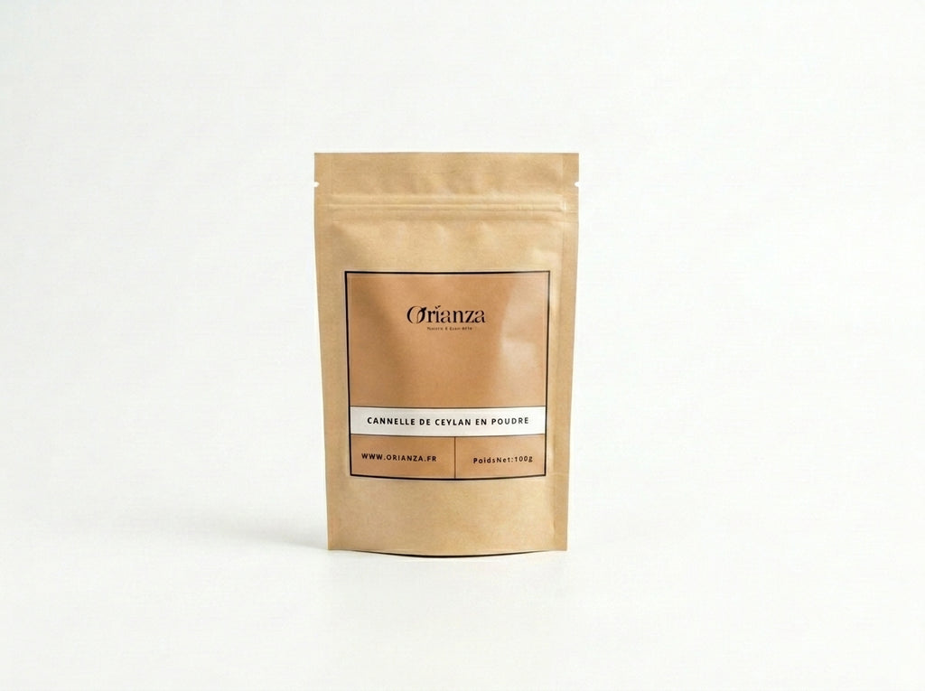 Sachet d'apothicaire en kraft de Cannelle de Ceylan en Poudre Orianza Selection, écorce pure du Sri Lanka.