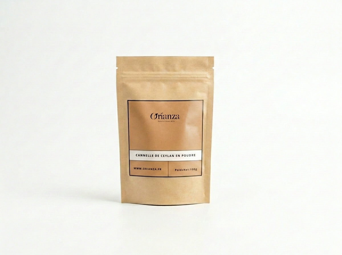 Sachet d'apothicaire en kraft de Cannelle de Ceylan en Poudre Orianza Selection, écorce pure du Sri Lanka.