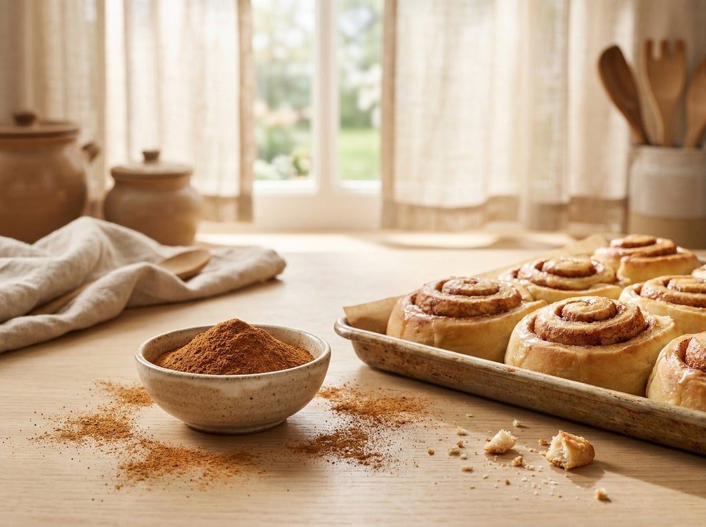 Rouleaux de cannelle Cinnabon gourmands avec un petit bol de cannelle moulue Orianza