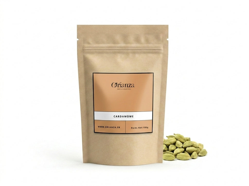 Sachet d'apothicaire en kraft de Cardamome Verte Entière Orianza Selection, Habhan Premium pour café et cuisine.