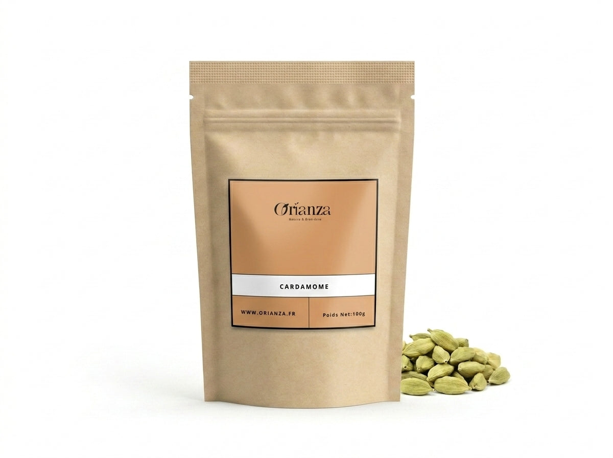 Sachet d'apothicaire en kraft de Cardamome Verte Entière Orianza Selection, Habhan Premium pour café et cuisine.
