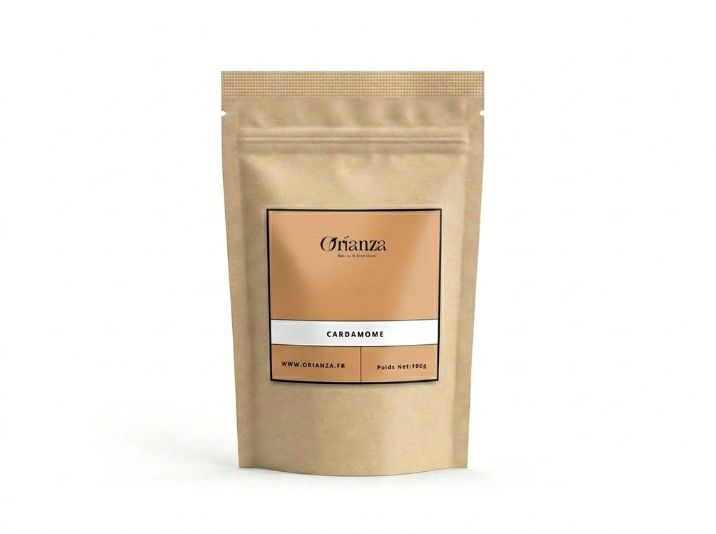 Sachet d'apothicaire en kraft de Cardamome Verte Entière Orianza Selection, Habhan Premium pour café et cuisine.