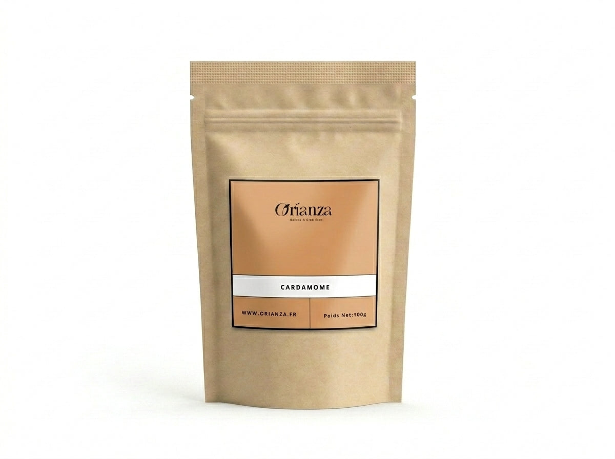Sachet d'apothicaire en kraft de Cardamome Verte Entière Orianza Selection, Habhan Premium pour café et cuisine.