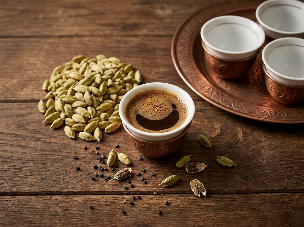 Tasses de café arabe traditionnel avec des capsules de cardamome entière Orianza
