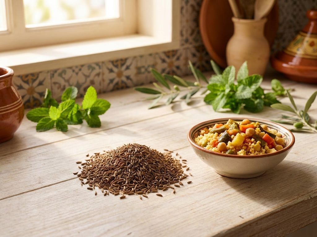 Plat de couscous traditionnel aux légumes avec des graines de carvi Orianza à côté