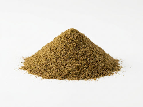 Gros plan sur la texture soyeuse de la poudre de carvi moulu, riche en huiles essentielles anisées.