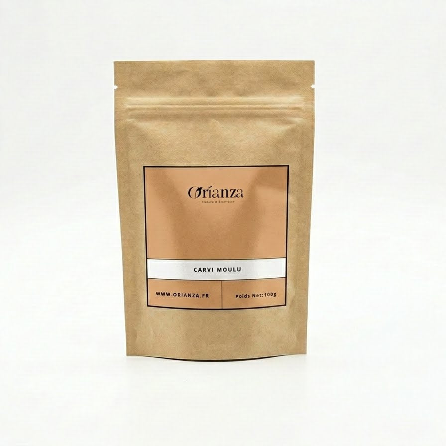 Sachet kraft de Carvi Moulu Orianza Selection, poudre fine pure de qualité herboristerie pour le confort digestif.