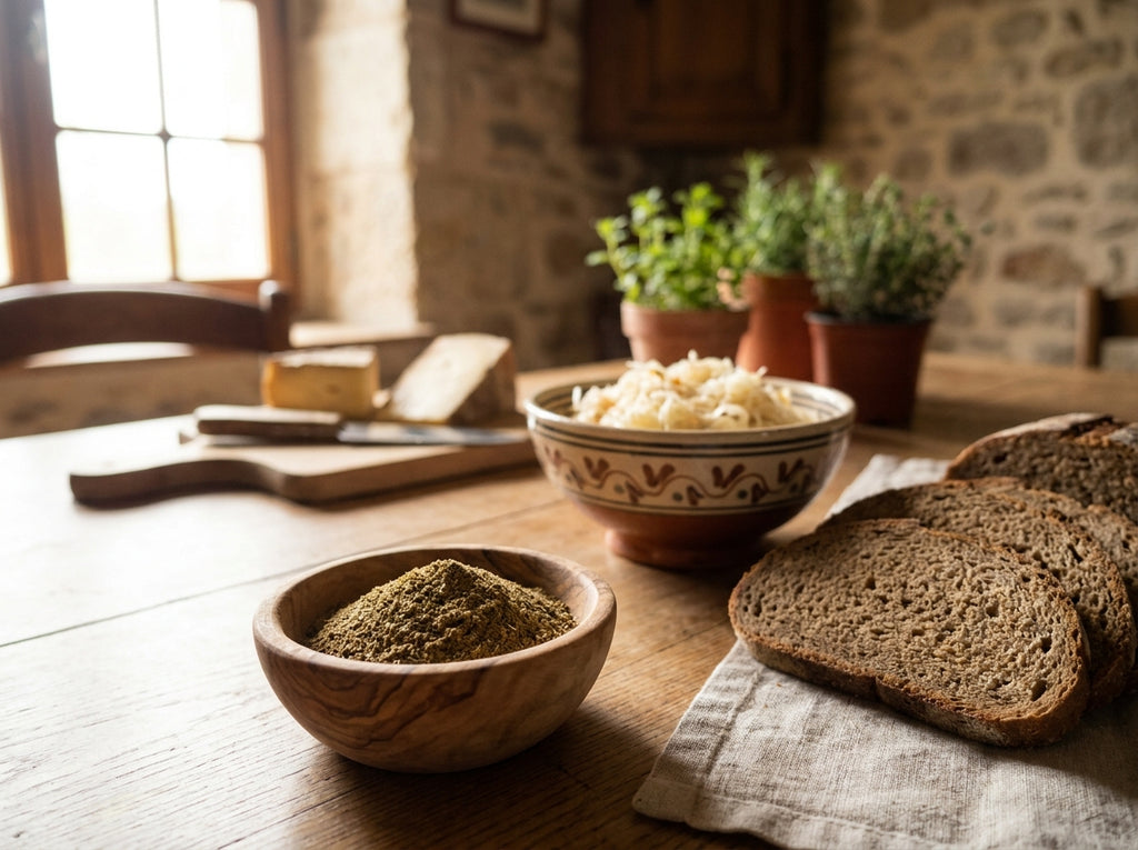 Assiette de carvi moulu Orianza à côté de pain et de fromage sur la table