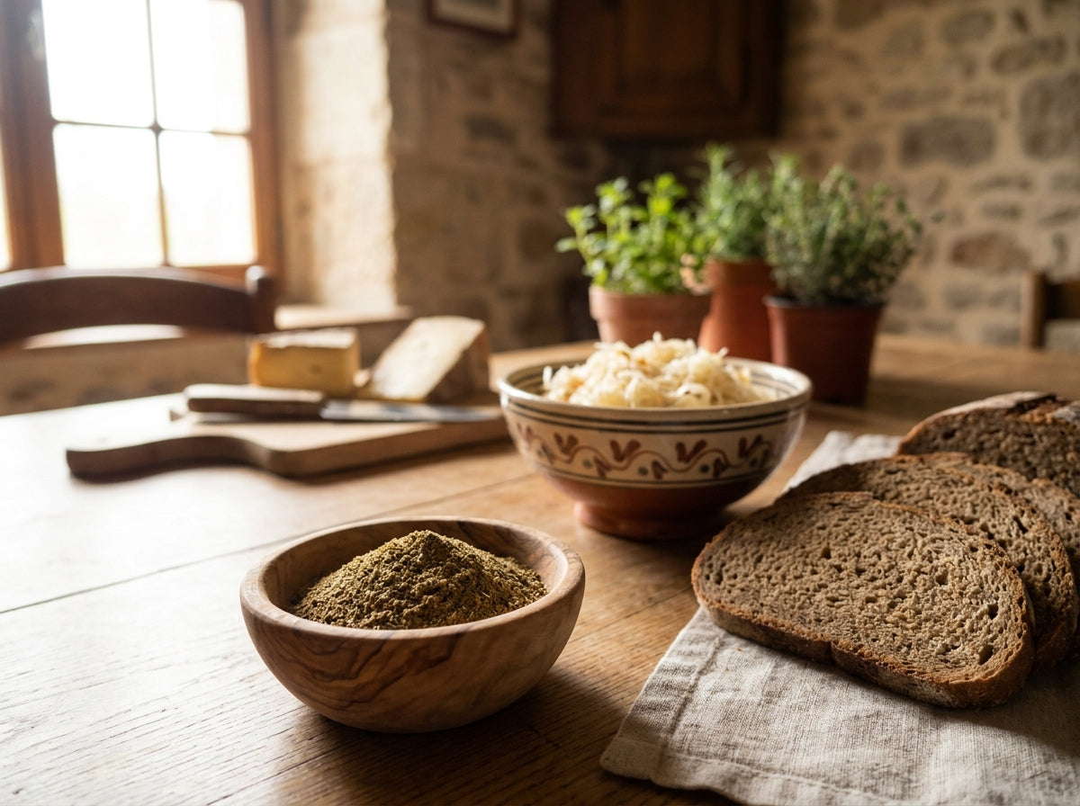 Assiette de carvi moulu Orianza à côté de pain et de fromage sur la table