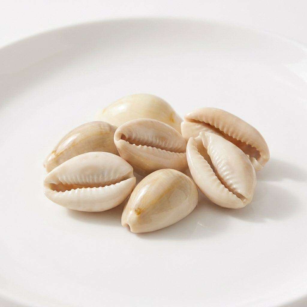 Gros plan sur la clarté et la forme parfaite des coquillages marins de cauris Hab El Ouadaa sélectionnés pour le teint.