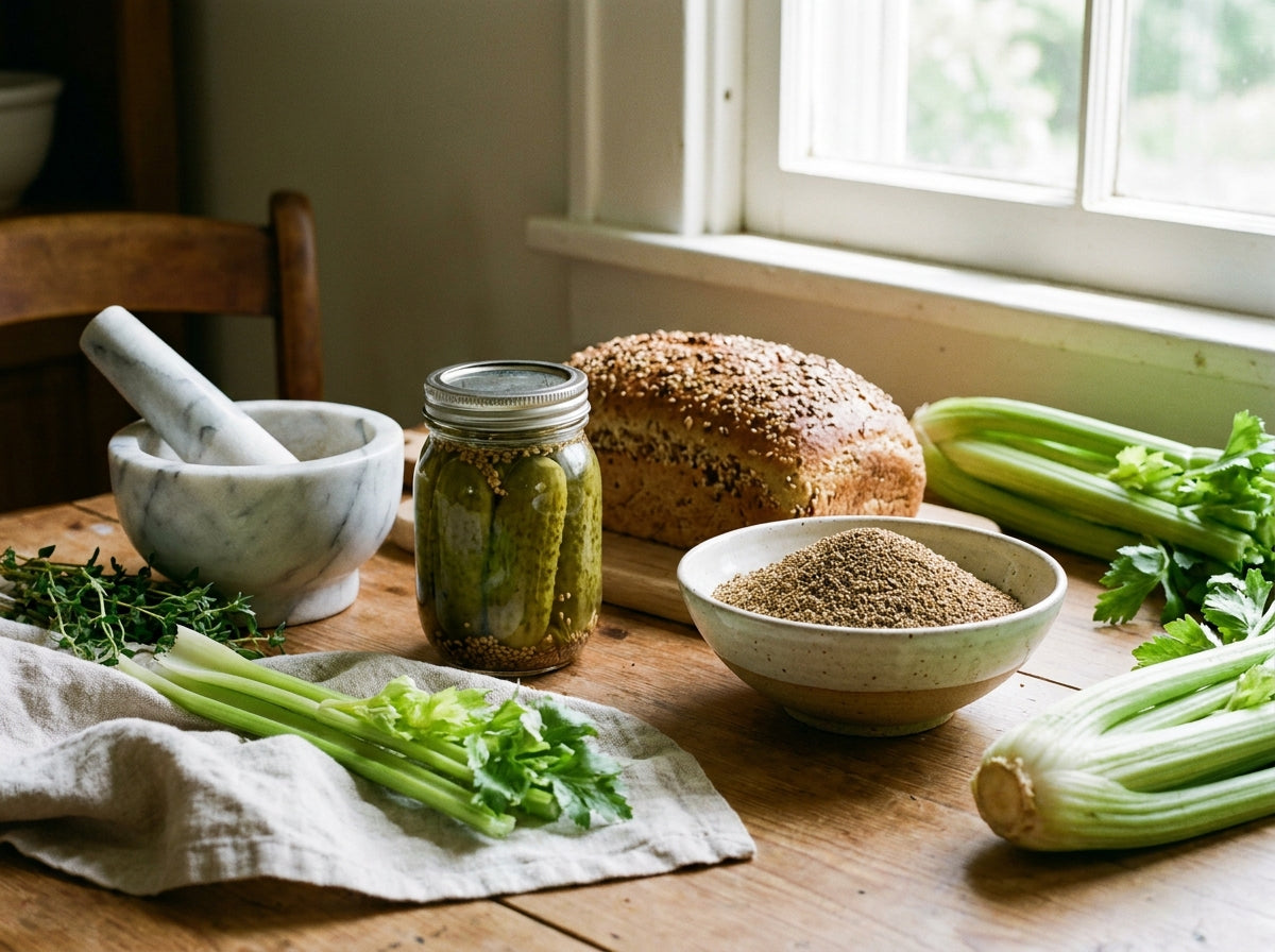 Jus détox vert et bouillon de légumes aromatisés avec les graines de céleri d'Orianza pour éliminer les toxines.