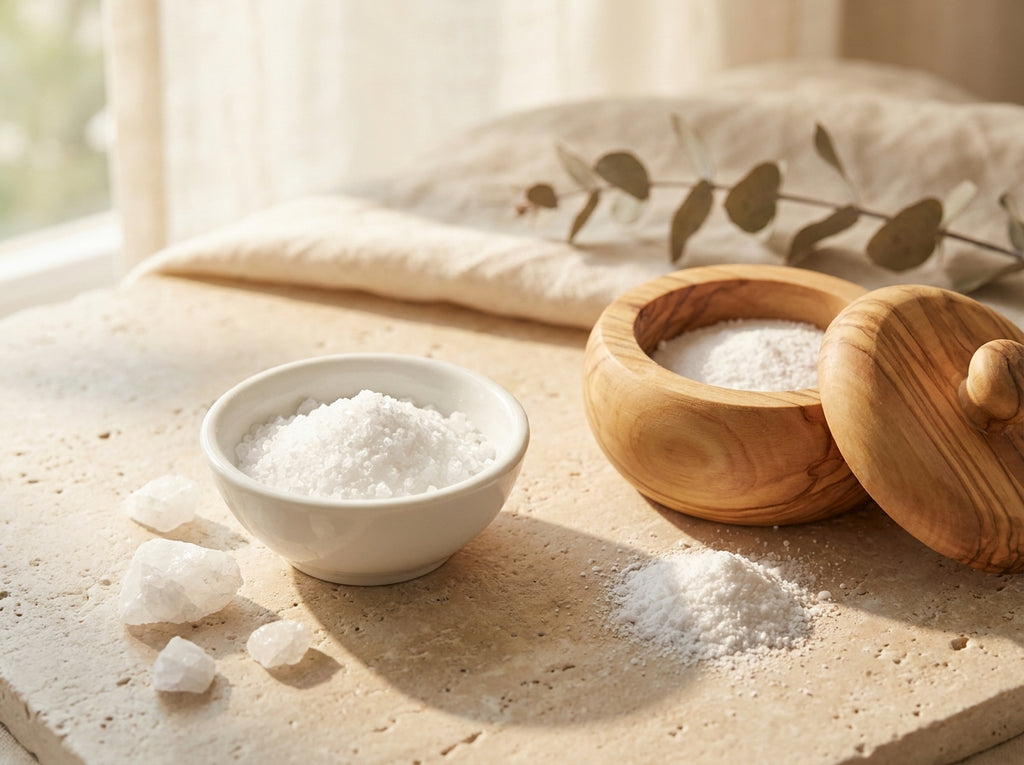 Rituel de soin et de purification avec la Poudre de Cheb Orianza présentée sous sa double forme de poudre fine et de bloc de cristal de pierre d'alun brut.