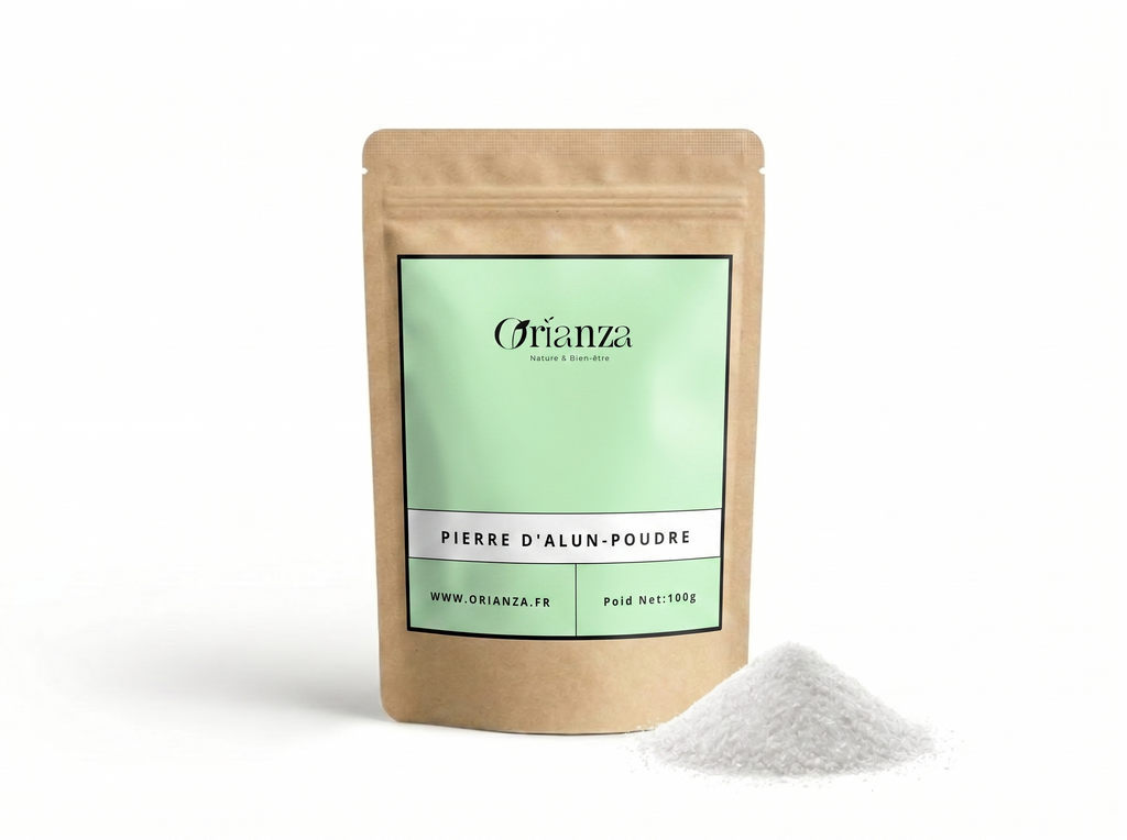 Sachet d'apothicaire en kraft de Poudre de Cheb Orianza Selection, pierre d'alun moulue multi-usage avec de la poudre à côté.
