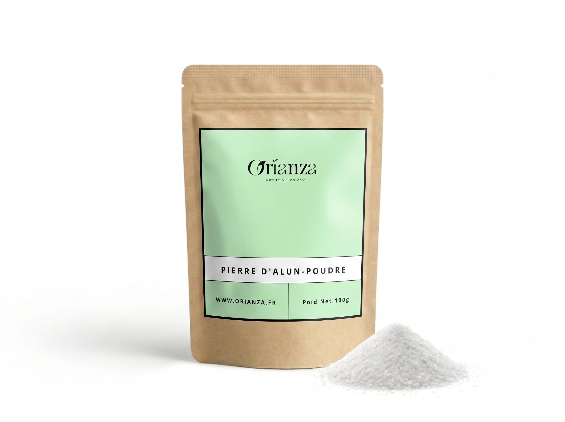 Sachet d'apothicaire en kraft de Poudre de Cheb Orianza Selection, pierre d'alun moulue multi-usage avec de la poudre à côté.