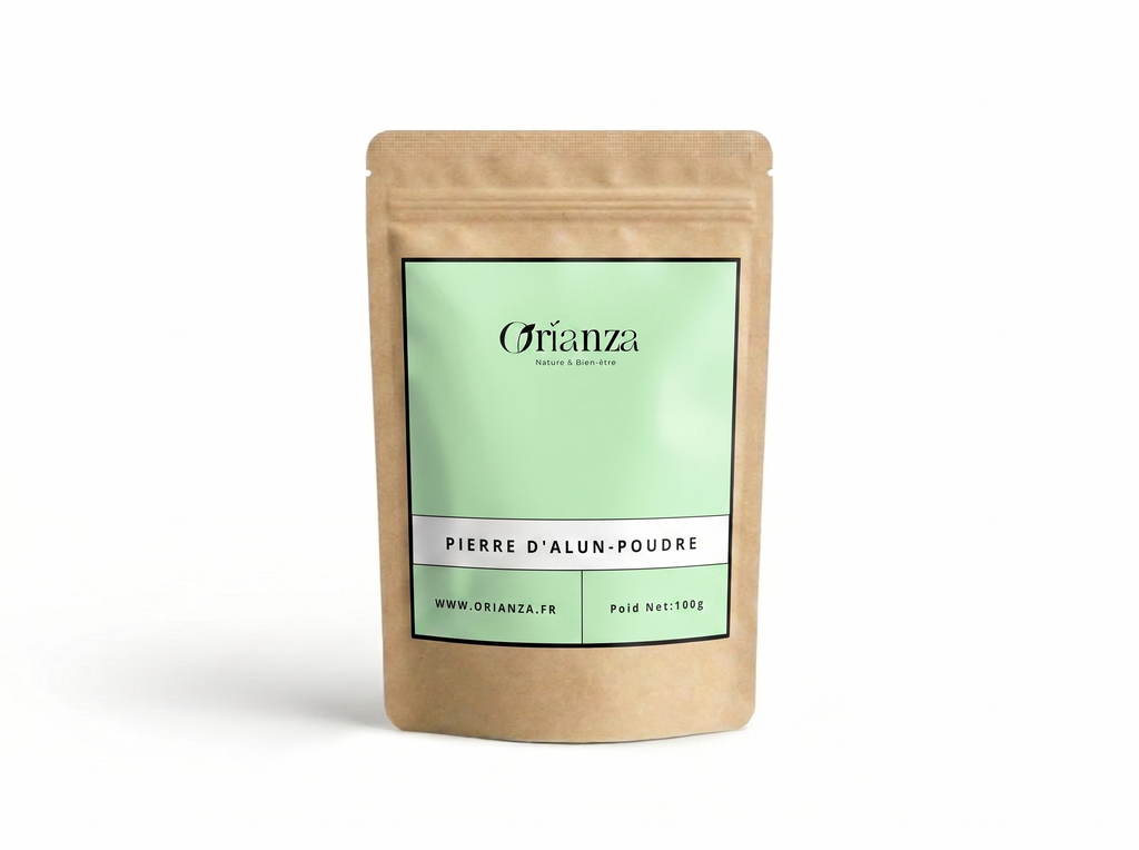Sachet kraft de Poudre de Cheb (Pierre d'Alun) de la marque Orianza, emballage étanche de qualité herboristerie protégeant le minéral.
