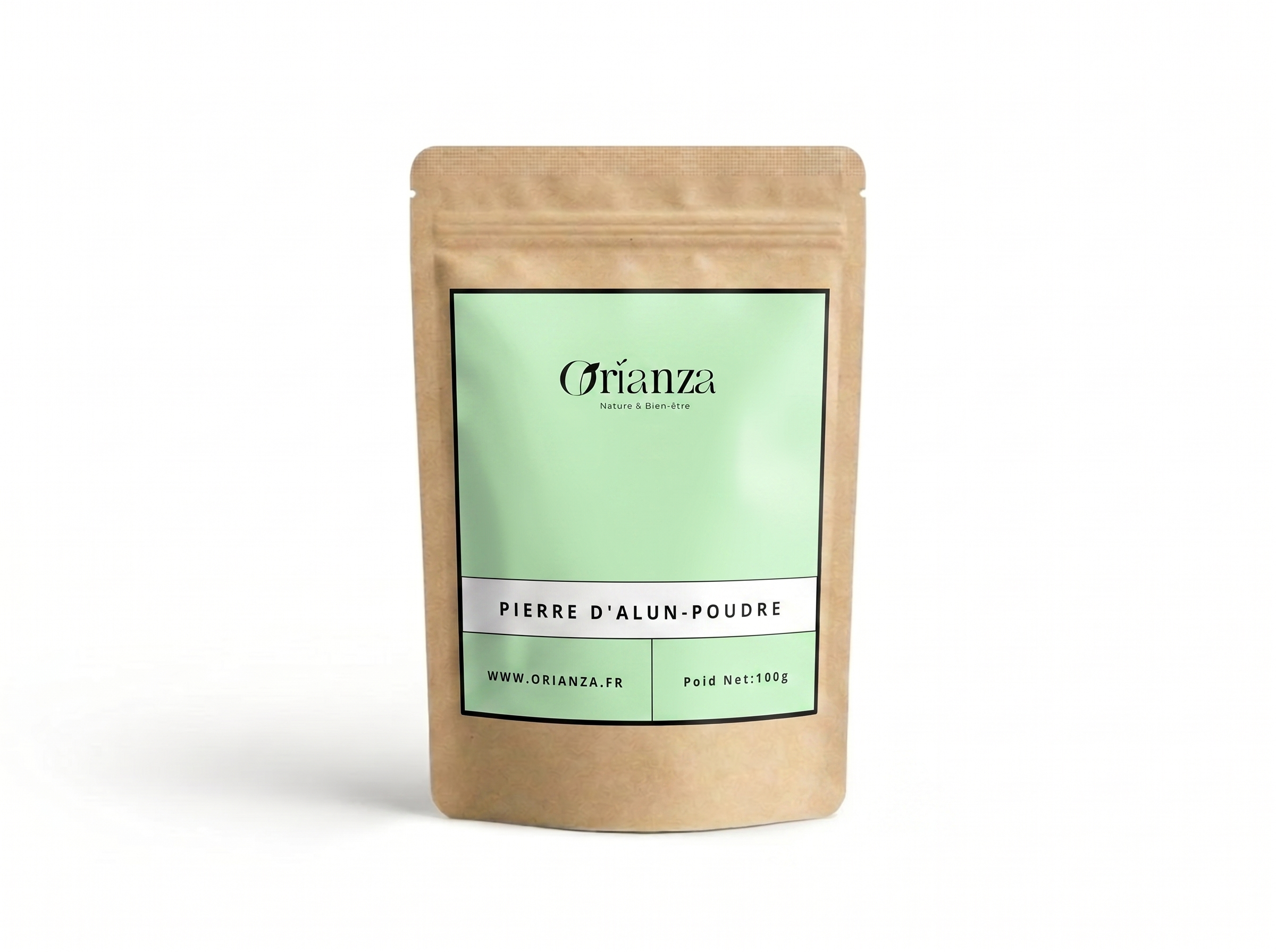 Sachet kraft de Poudre de Cheb (Pierre d'Alun) de la marque Orianza, emballage étanche de qualité herboristerie protégeant le minéral.