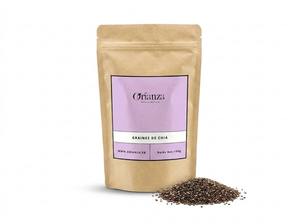 Sachet d'apothicaire en kraft de Graines de Chia Bio Orianza Selection, super-aliment avec quelques graines à côté.
