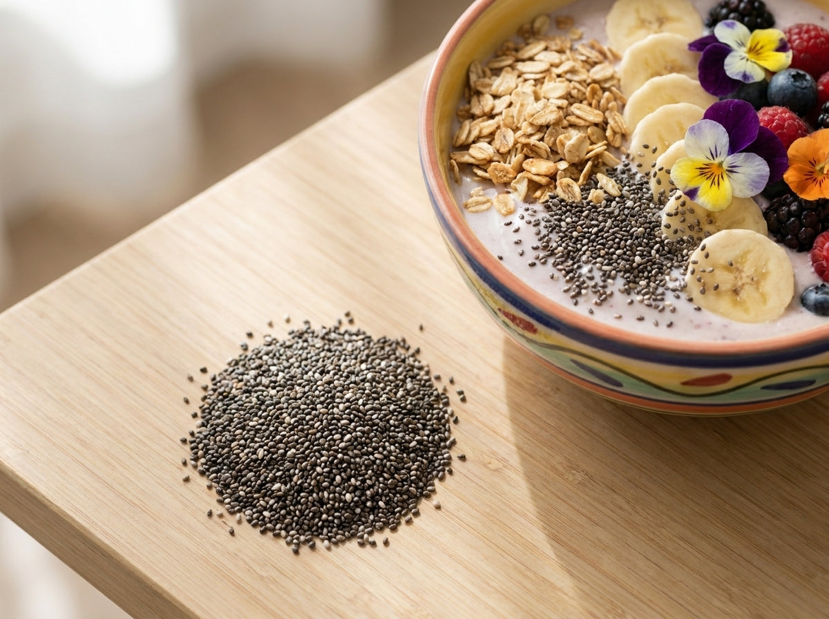 Un bol de granola coloré et sain (granola bowl) généreusement saupoudré de graines de chia bio Orianza.